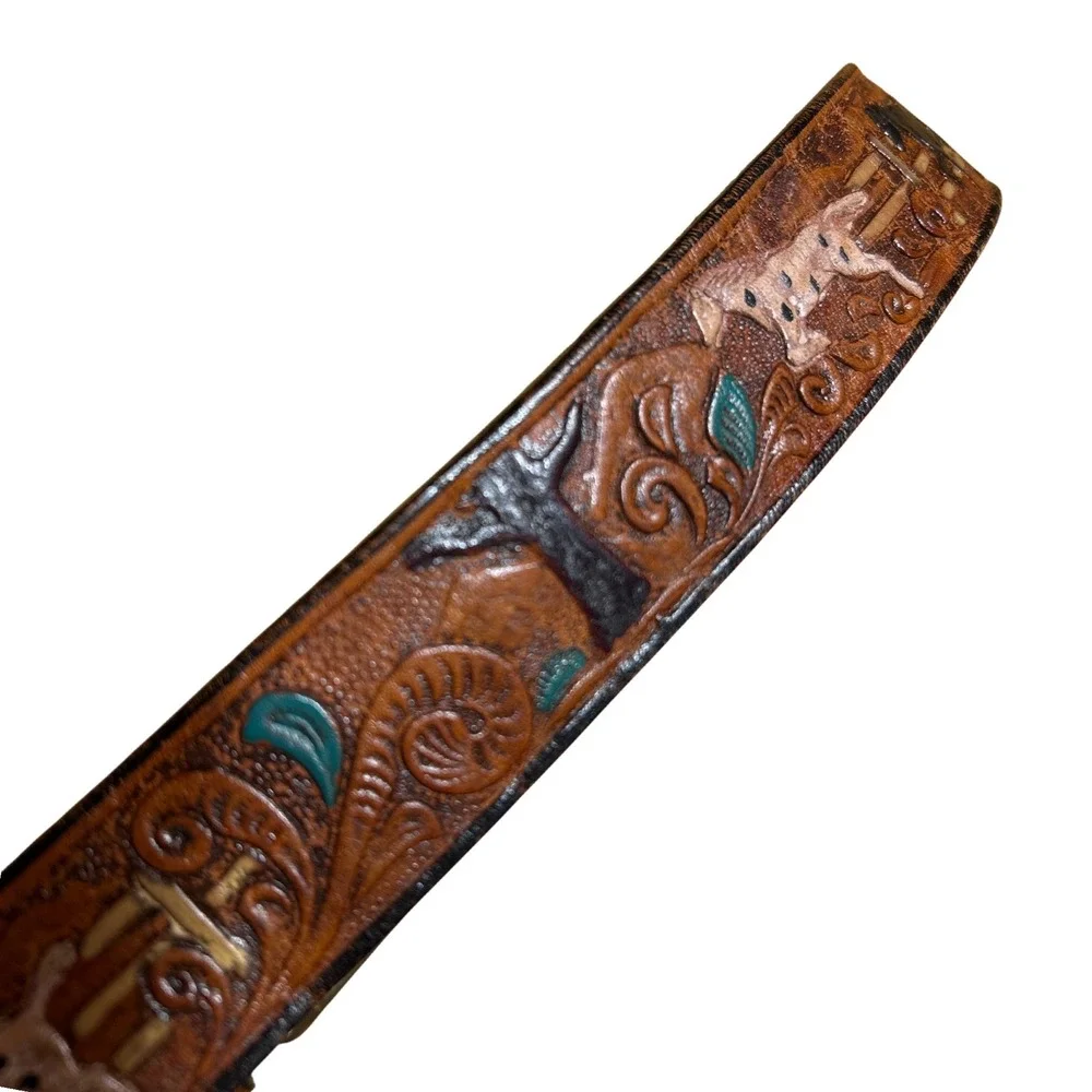 Kids Western Tooled Leather Belt Brown Painted Horse Design Size 5/6 Yrs 19